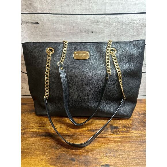 Michael Kors Soft Pebble Leather Chain and‎ Leather Strap Purse Tote Black - Picture 1 of 7